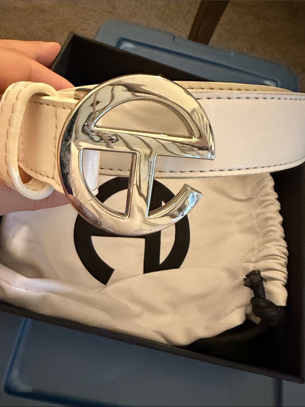 Telfar White Leather Belt with Silver Signature Buckle